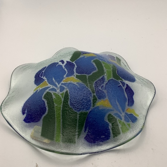 Peggy Karr Hand Fused Glass Bowl Featuring Blue Irises - Picture 7 of 13